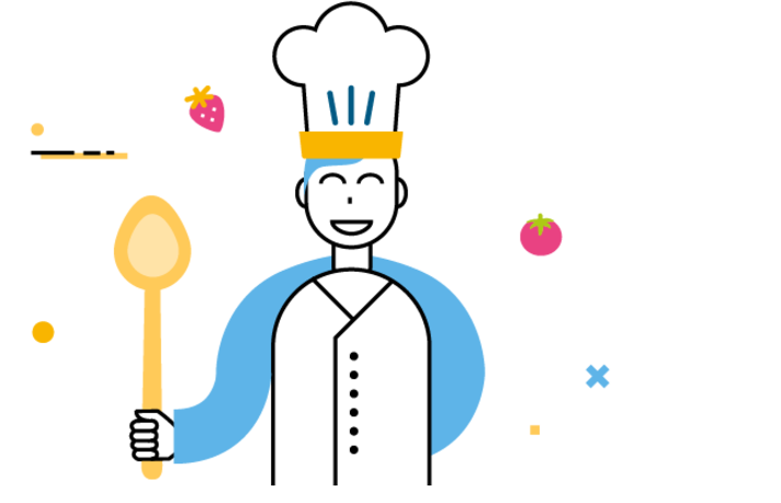Un personnage MNT & VOUS en tenue de cuisiner